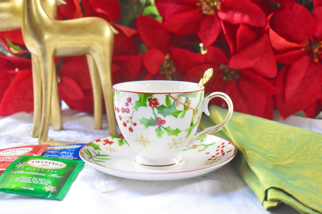 Holly Berries and Poinsettias Teacup and Saucer