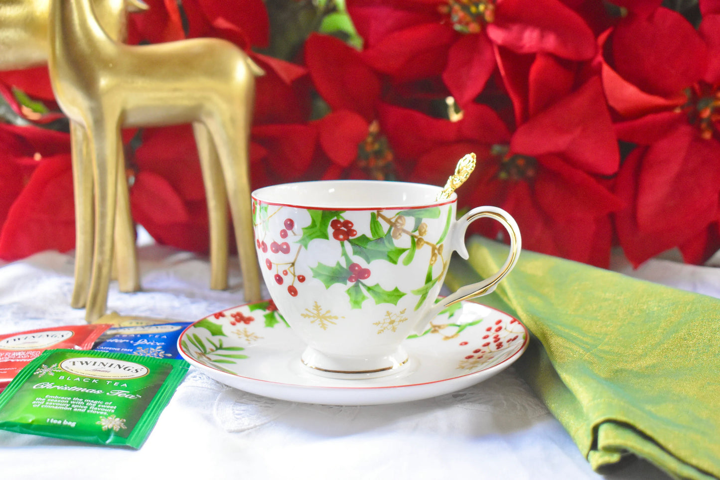 Holly Berries and Poinsettias Teacup and Saucer