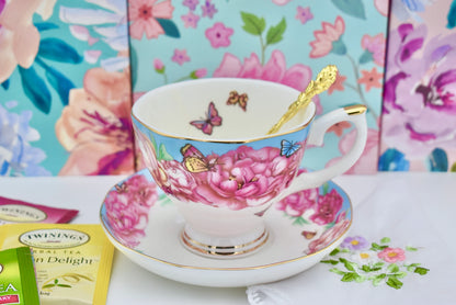 Turquoise Magenta Peonies Flowers Butterflies Teacup Gift Set