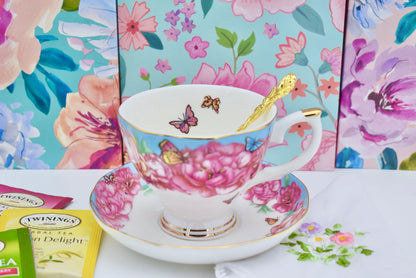 Turquoise Magenta Peonies Flowers Butterflies Teacup Gift Set