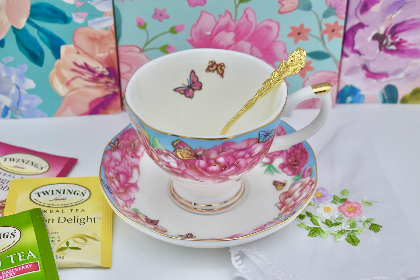 Turquoise Magenta Peonies Flowers Butterflies Teacup Gift Set