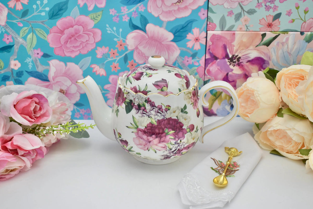 Burgundy Flowers Teapot