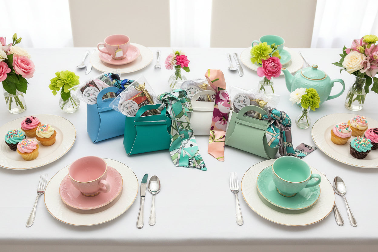 Colorful paper handbags with ribbons on a white background