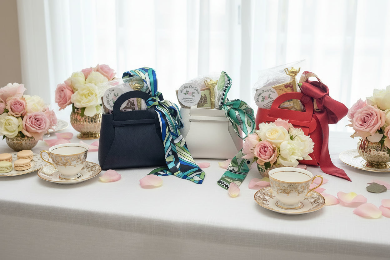 Three small bags with colorful scarves draped over them on a white background