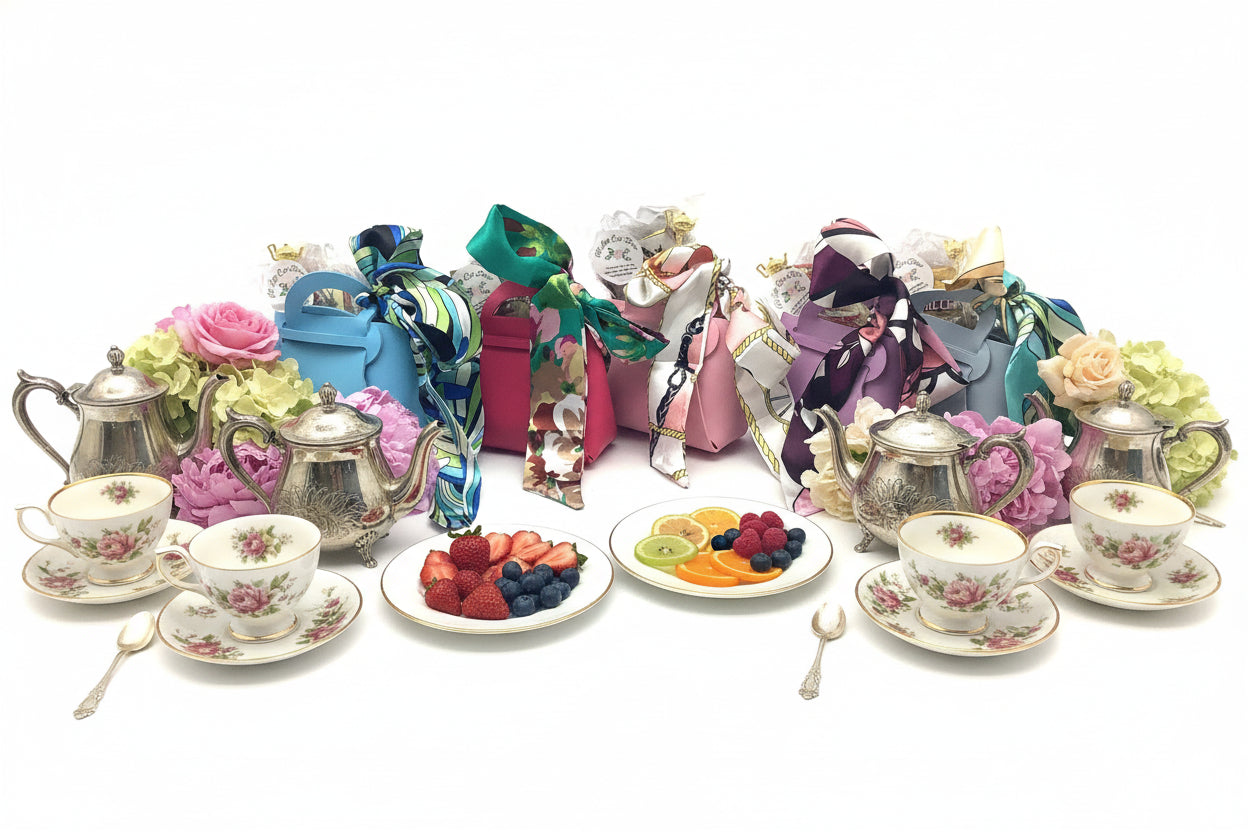 Colorful scarves displayed on small handbags against a white background