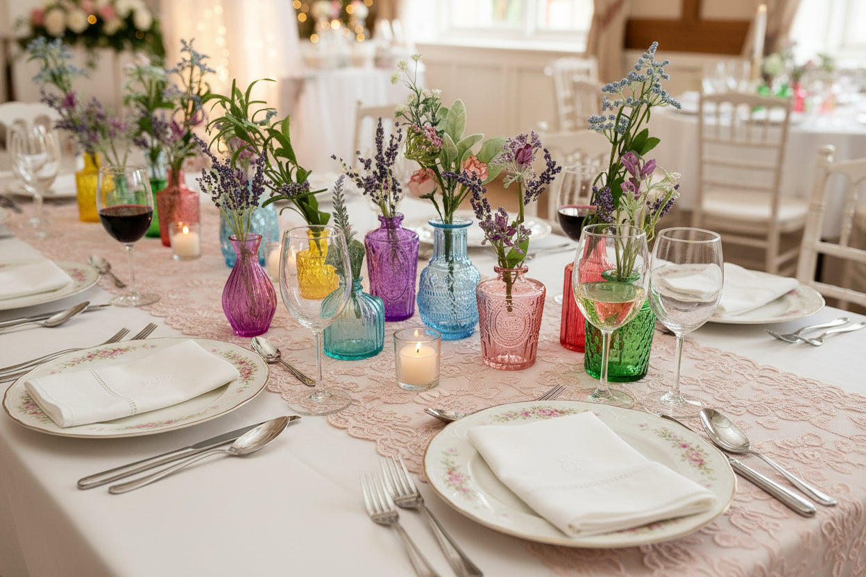 Assorted colorful glass vases with floral arrangements on a white background