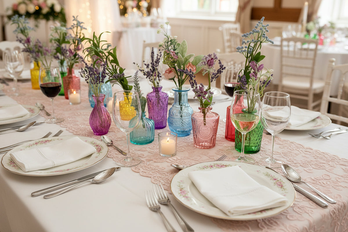Assorted colorful glass vases with floral arrangements on a white background