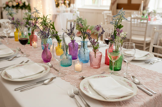Assorted colorful glass vases with floral arrangements on a white background